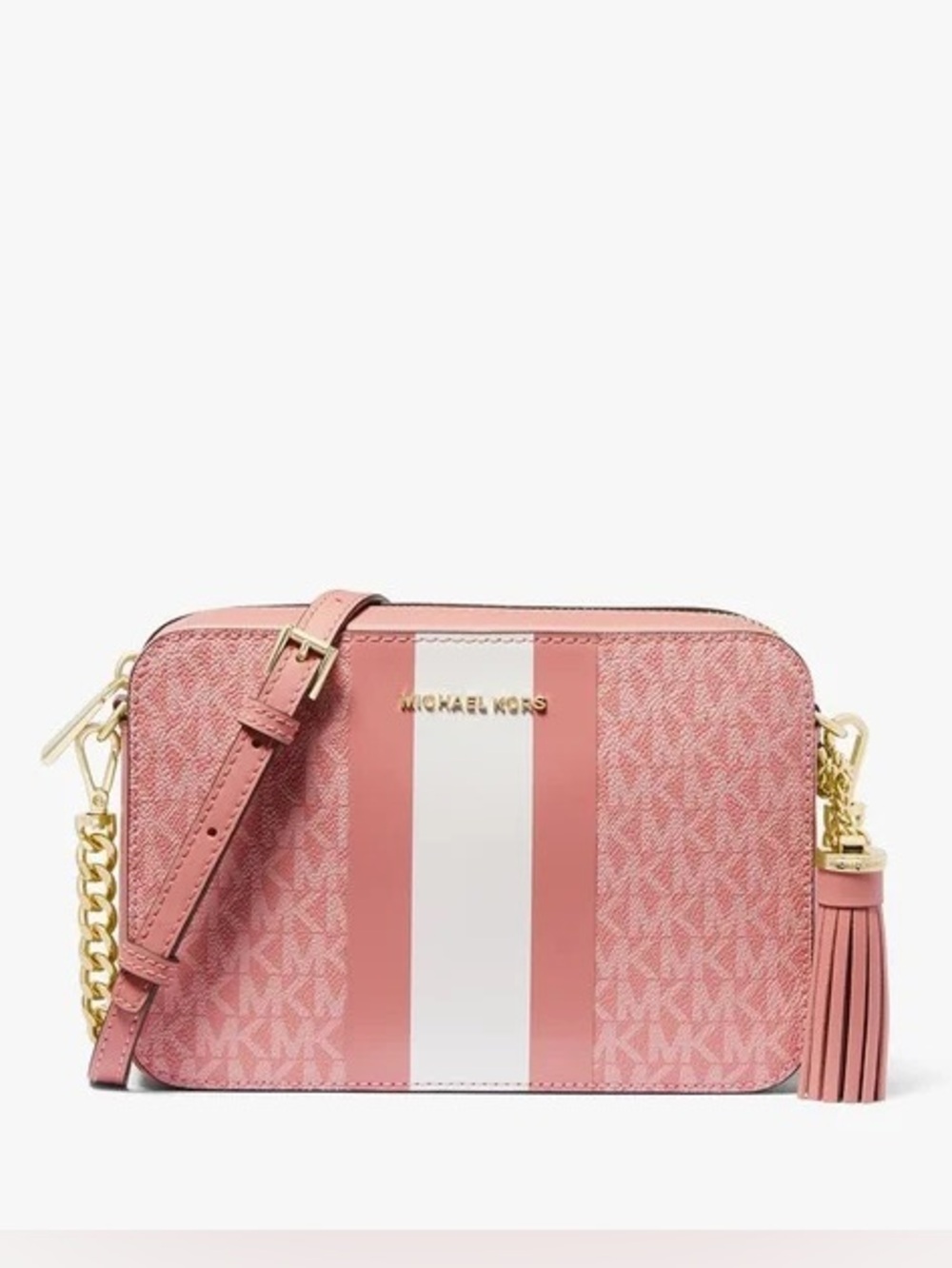 NWT Michael Kors Pink and White Stripe Logo Crossbody with Tassel